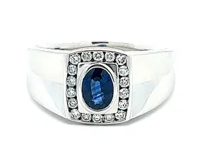 Mens Oval Sapphire Center and Diamond Halo Ring in 14k White Gold