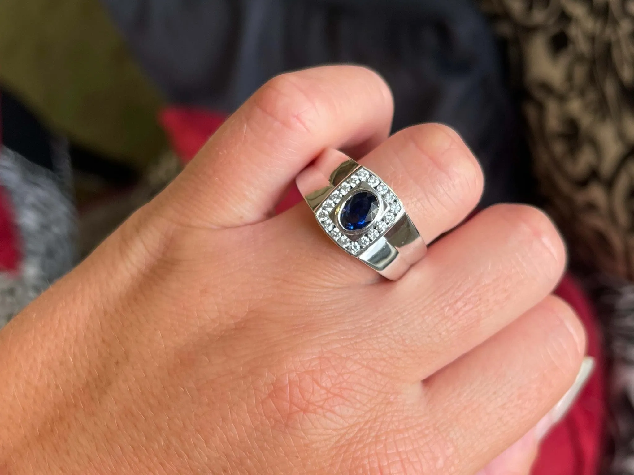 Mens Oval Sapphire Center and Diamond Halo Ring in 14k White Gold