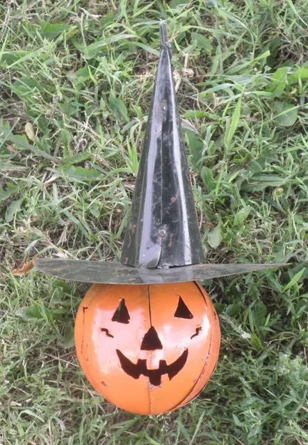 Metal Bright Orange Pumpkin with Black Hats Set of 3
