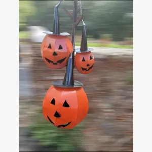 Metal Bright Orange Pumpkin with Black Hats Set of 3 decorative plants  