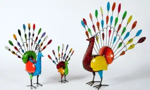 Metal Peacocks Full of Colorful Yard Art Display Bright decorative plants  