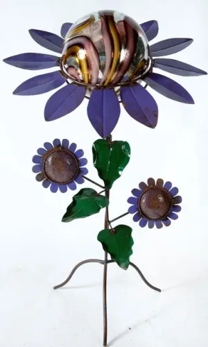 Metal Petal Stand w/ 2 Flowers & Large Colorful Gazing Ball decorative plants  