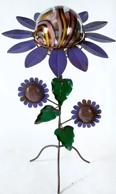Metal Petal Stand w/ 2 Flowers & Large Colorful Gazing Ball decorative plants  