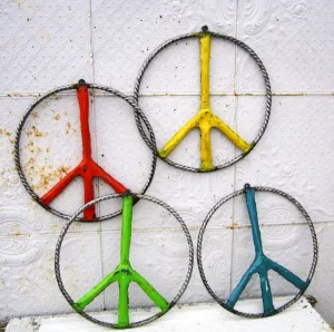 Metal Tin Re-Used Metal Brightly Painted 24" Dia. Peace Sign decorative plants  