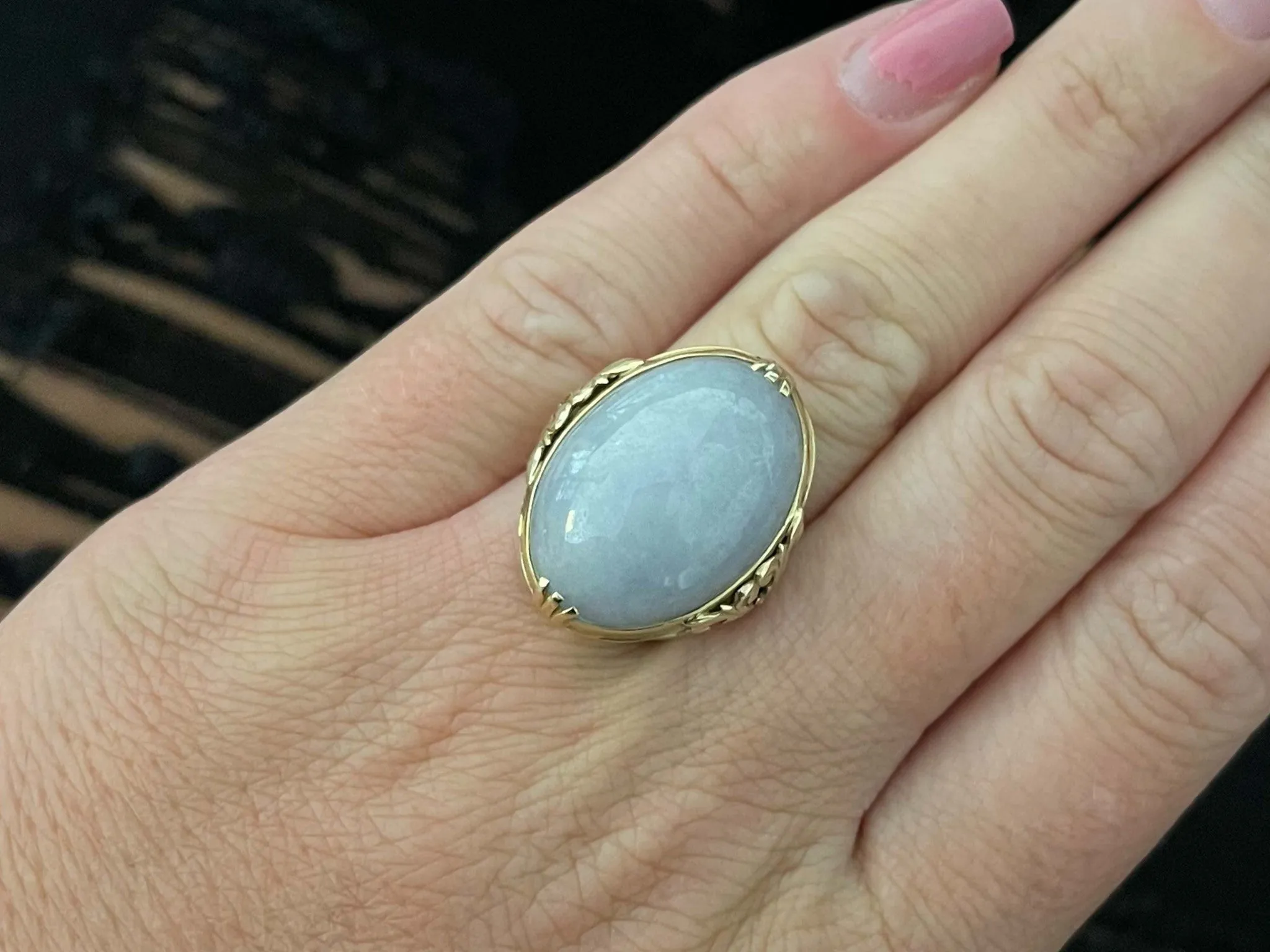 Mings Bluish Grey Oval Jade Ring in 14k Yellow Gold