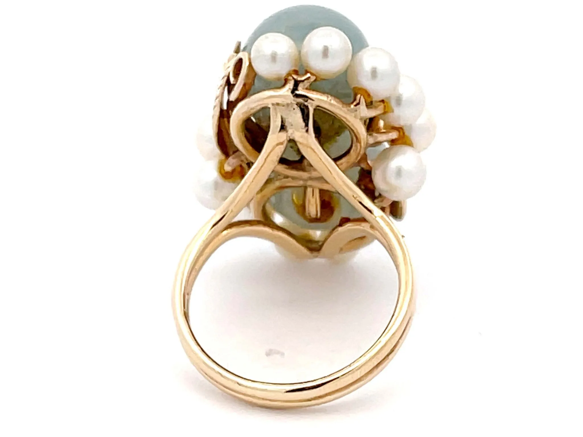 Mings Double Jade Ball and Pearl Leaf Design Ring in 14k Yellow Gold