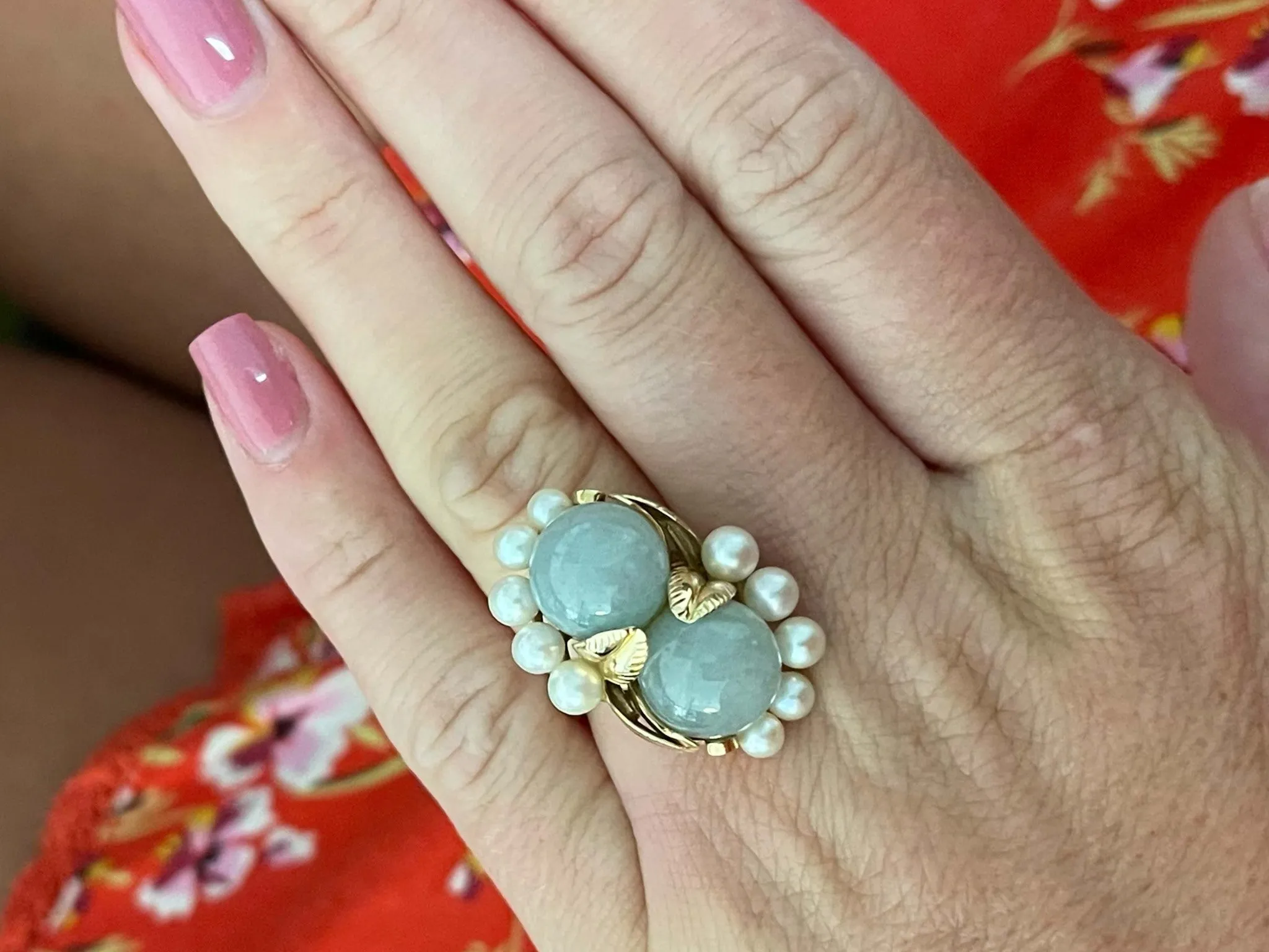 Mings Double Jade Ball and Pearl Leaf Design Ring in 14k Yellow Gold
