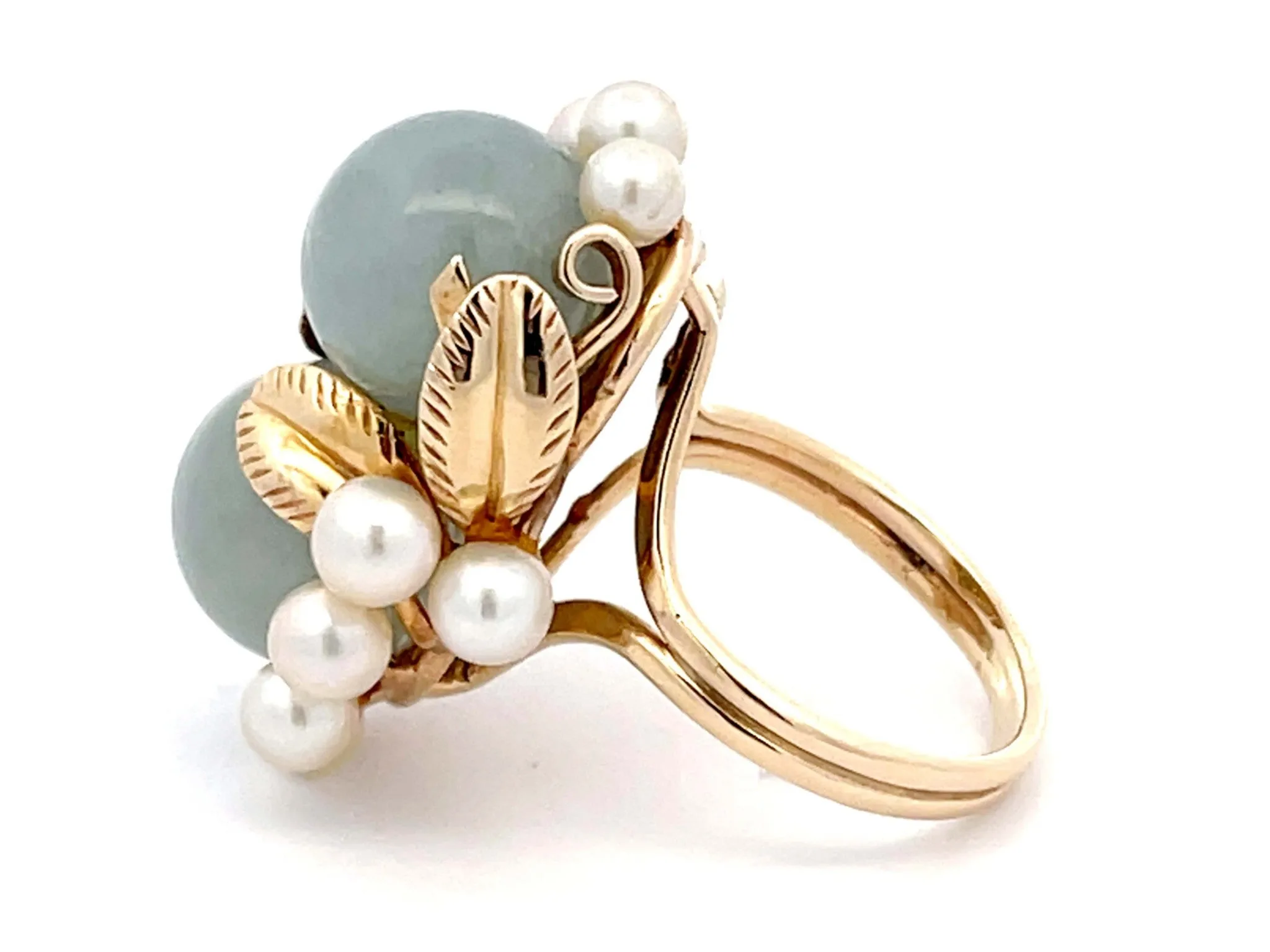 Mings Double Jade Ball and Pearl Leaf Design Ring in 14k Yellow Gold