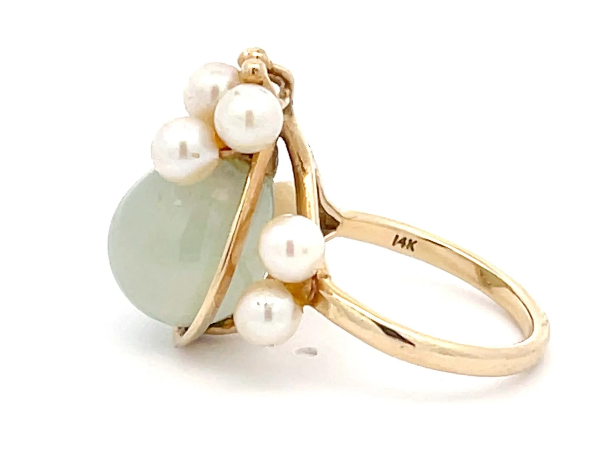 Mings Green Pear Shaped Jade and Pearl Leaf Design Ring in 14k Yellow Gold