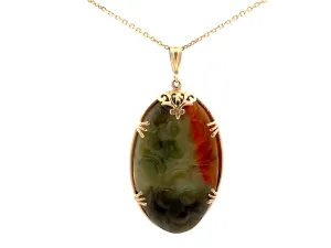 Mings Hawaii Carved Green and Red Oval Jade Pendant and Chain in 14k Yellow Gold