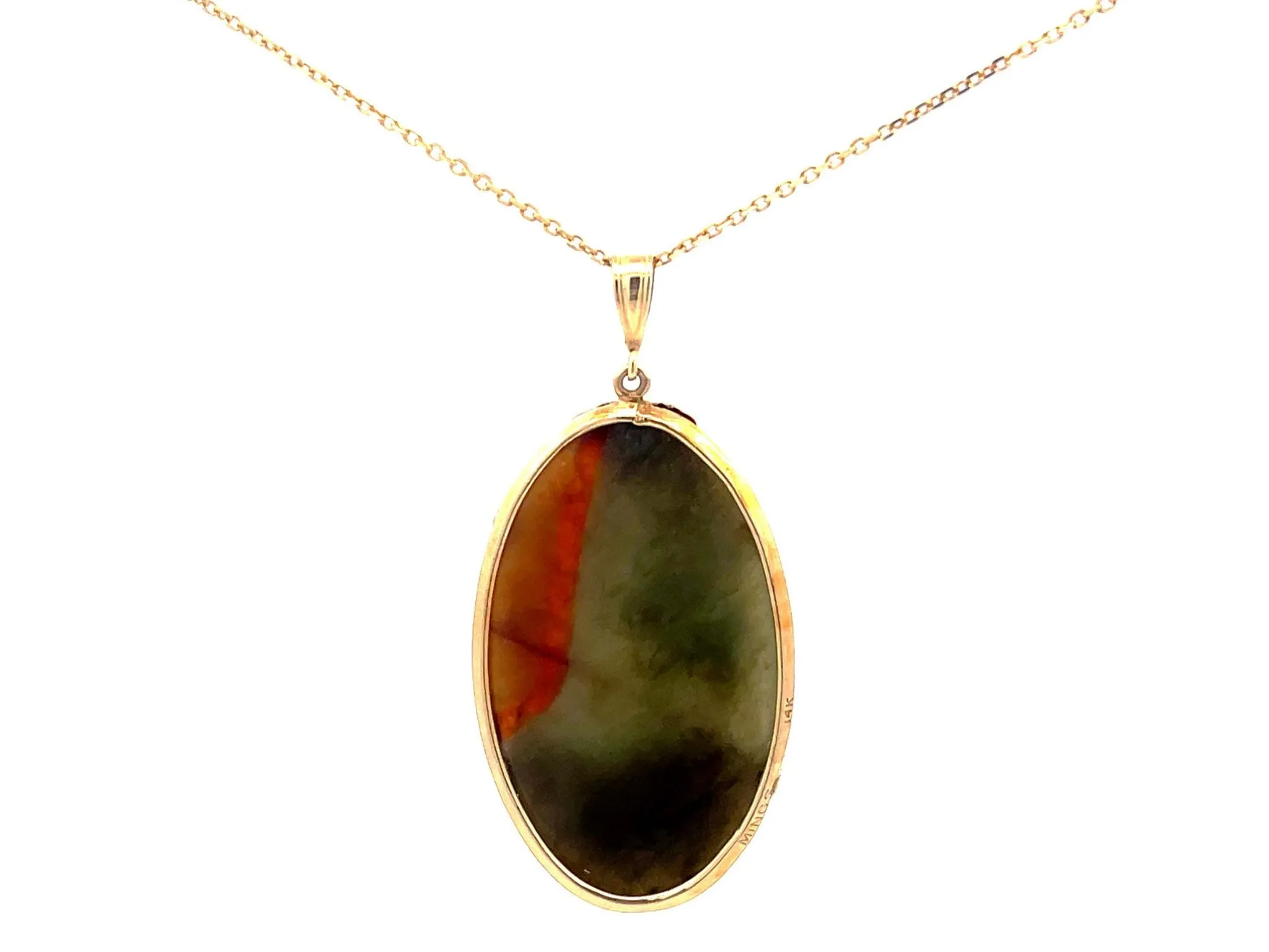 Mings Hawaii Carved Green and Red Oval Jade Pendant and Chain in 14k Yellow Gold