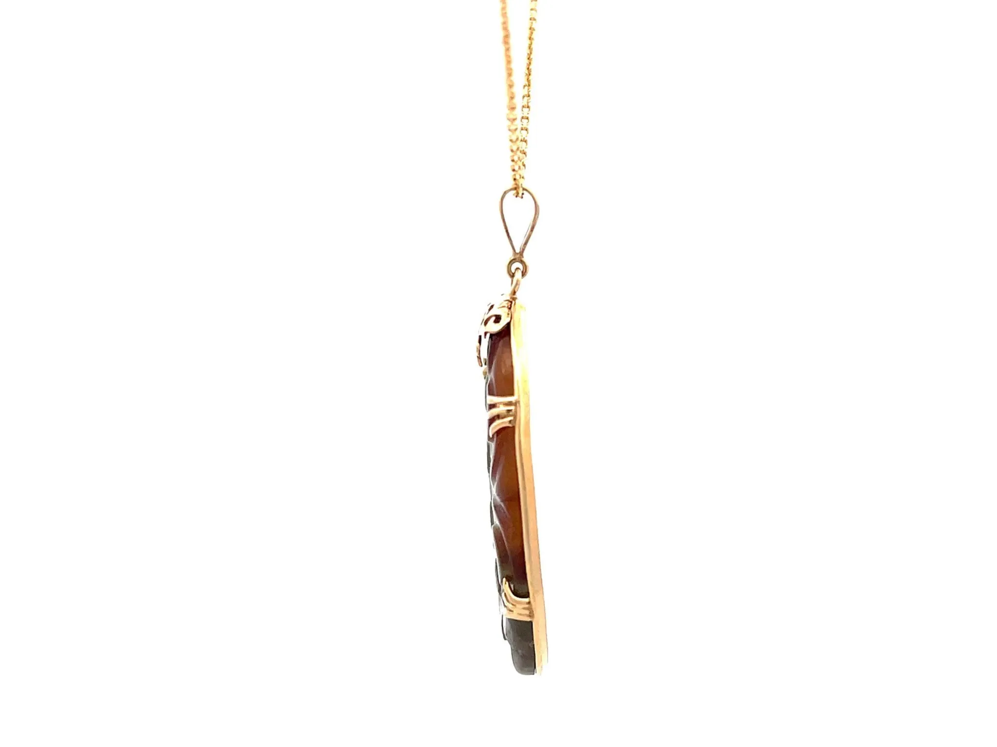 Mings Hawaii Carved Green and Red Oval Jade Pendant and Chain in 14k Yellow Gold