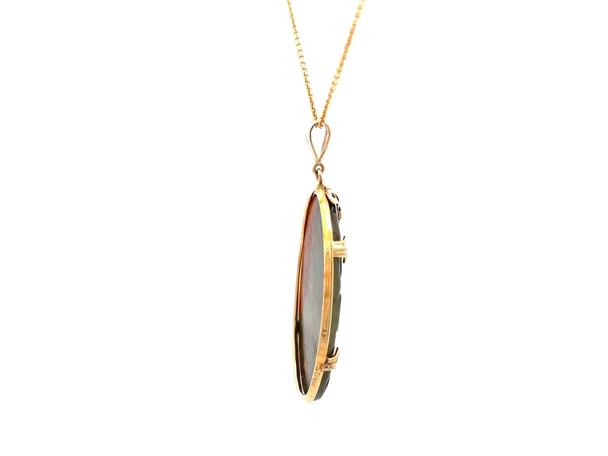 Mings Hawaii Carved Green and Red Oval Jade Pendant and Chain in 14k Yellow Gold