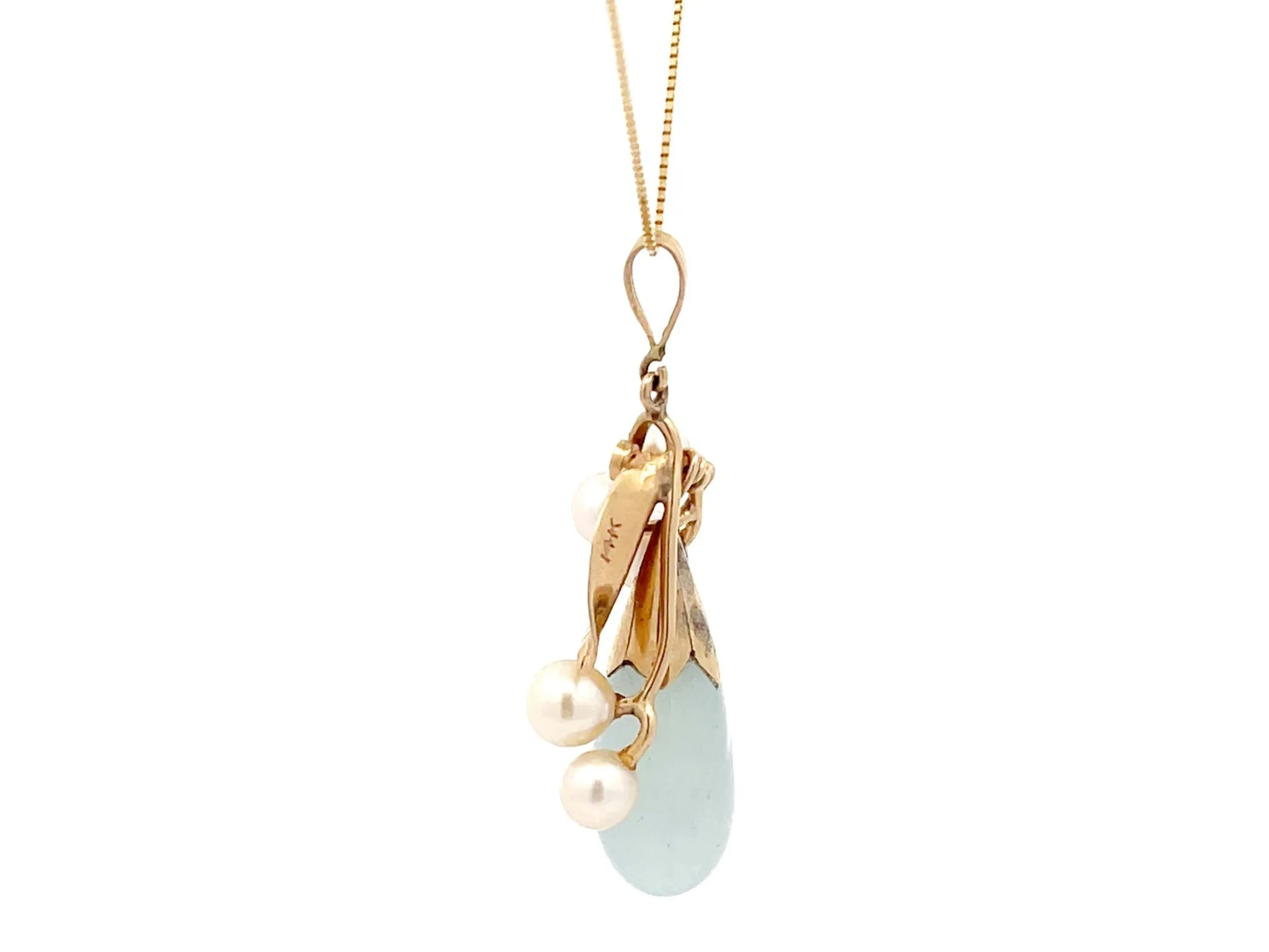 Mings Hawaii Jade and Pearl Leaf Pendant in 14k Yellow Gold with Chain