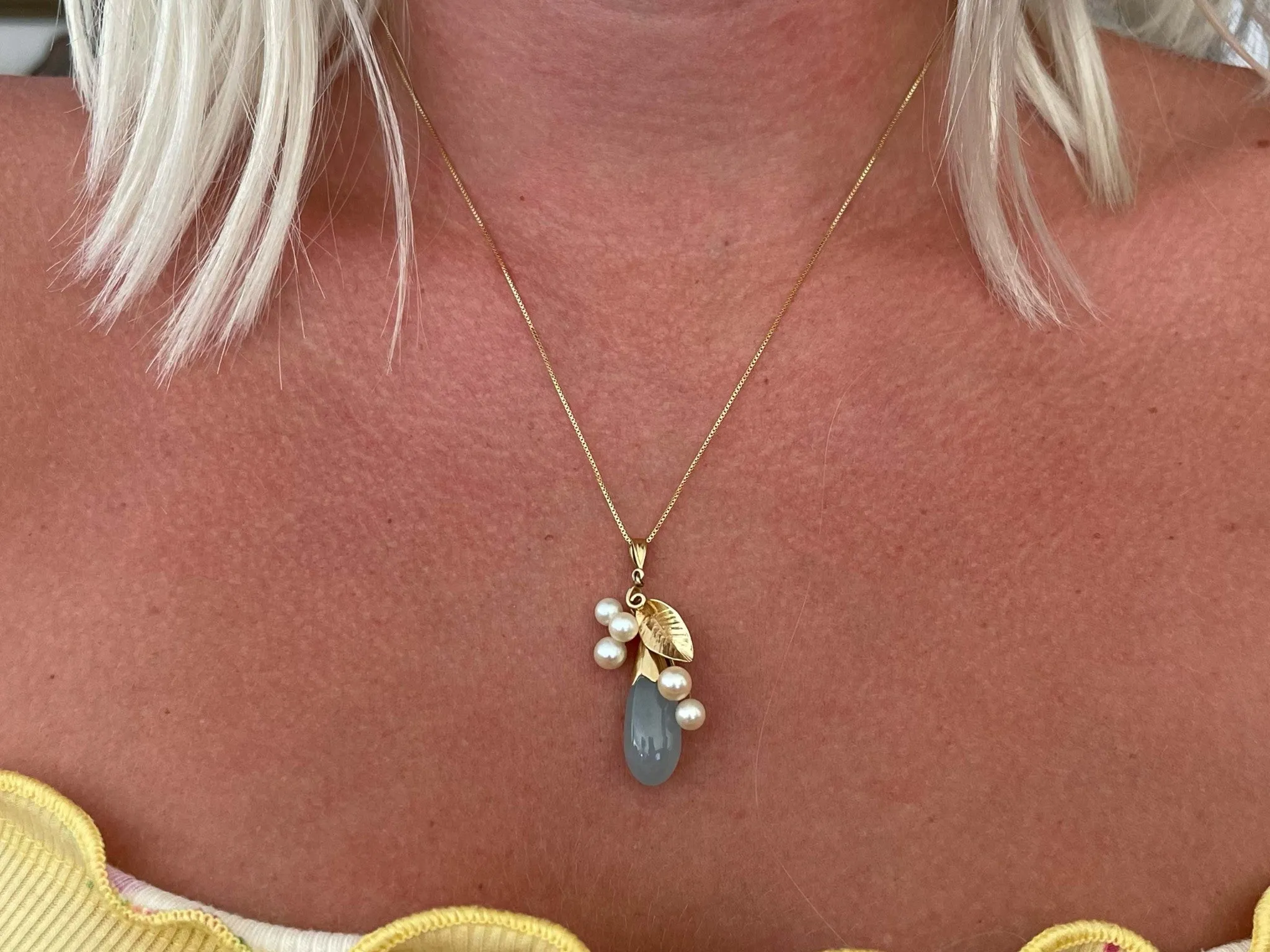 Mings Hawaii Jade and Pearl Leaf Pendant in 14k Yellow Gold with Chain