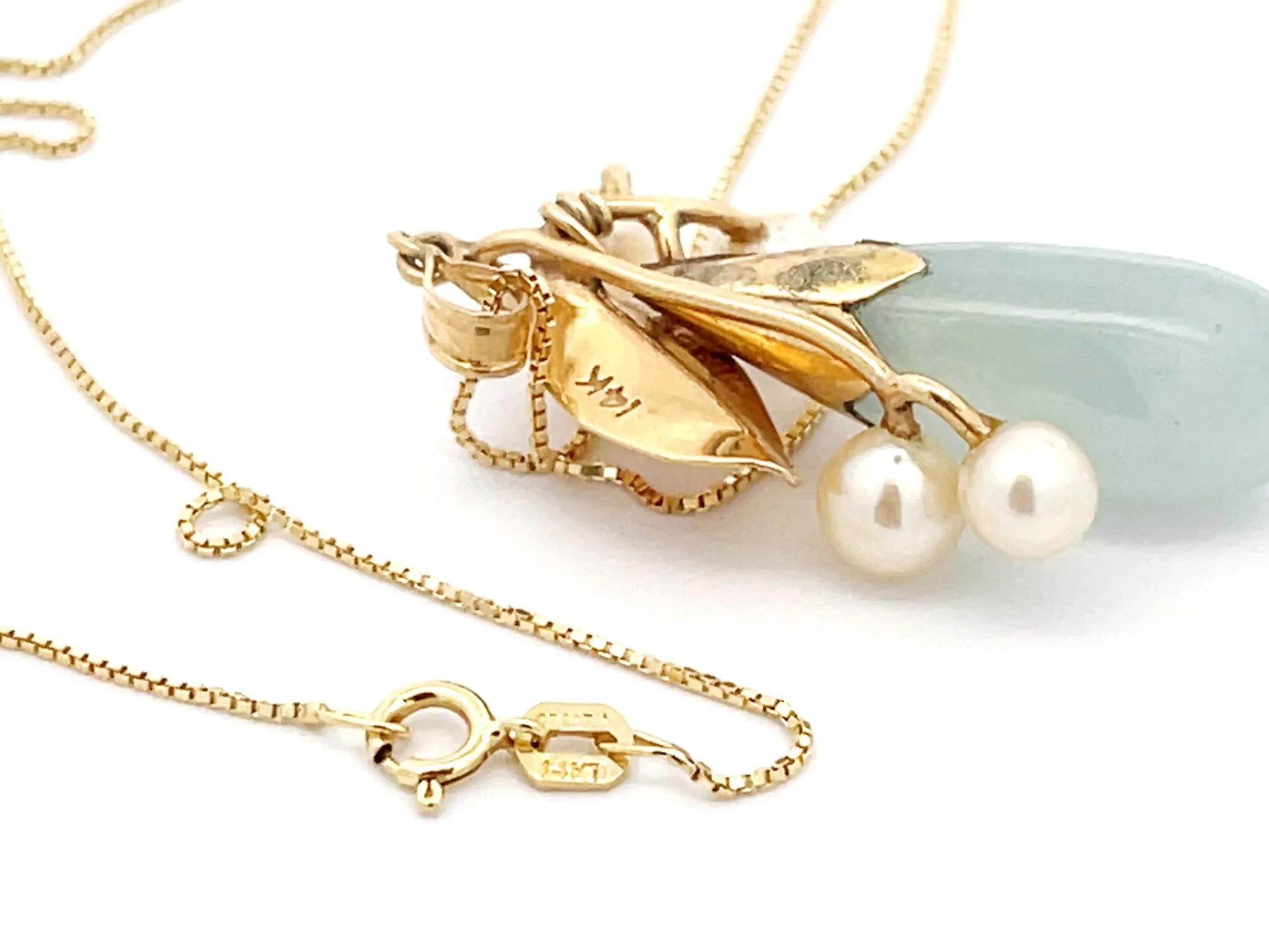 Mings Hawaii Jade and Pearl Leaf Pendant in 14k Yellow Gold with Chain
