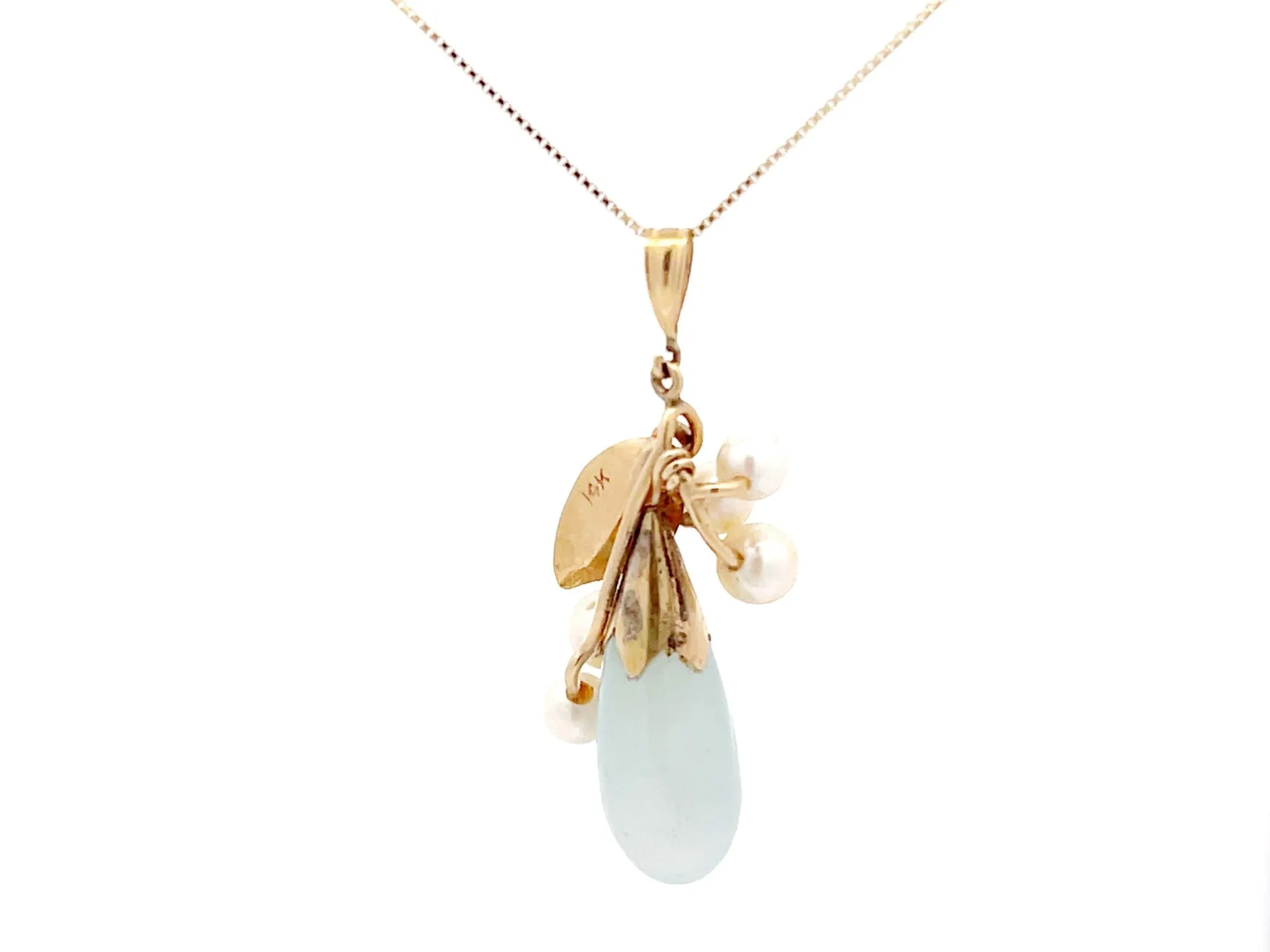Mings Hawaii Jade and Pearl Leaf Pendant in 14k Yellow Gold with Chain