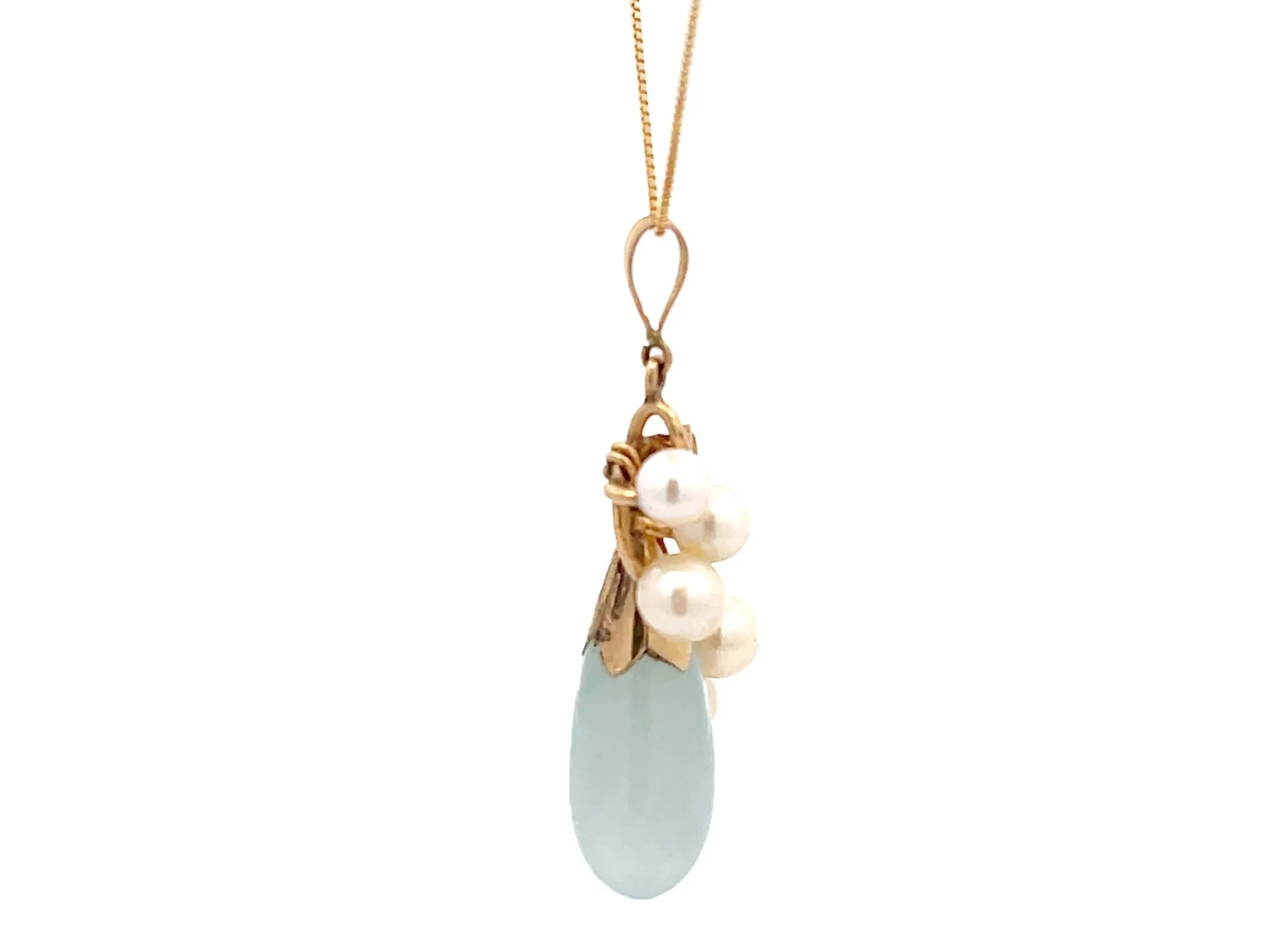 Mings Hawaii Jade and Pearl Leaf Pendant in 14k Yellow Gold with Chain