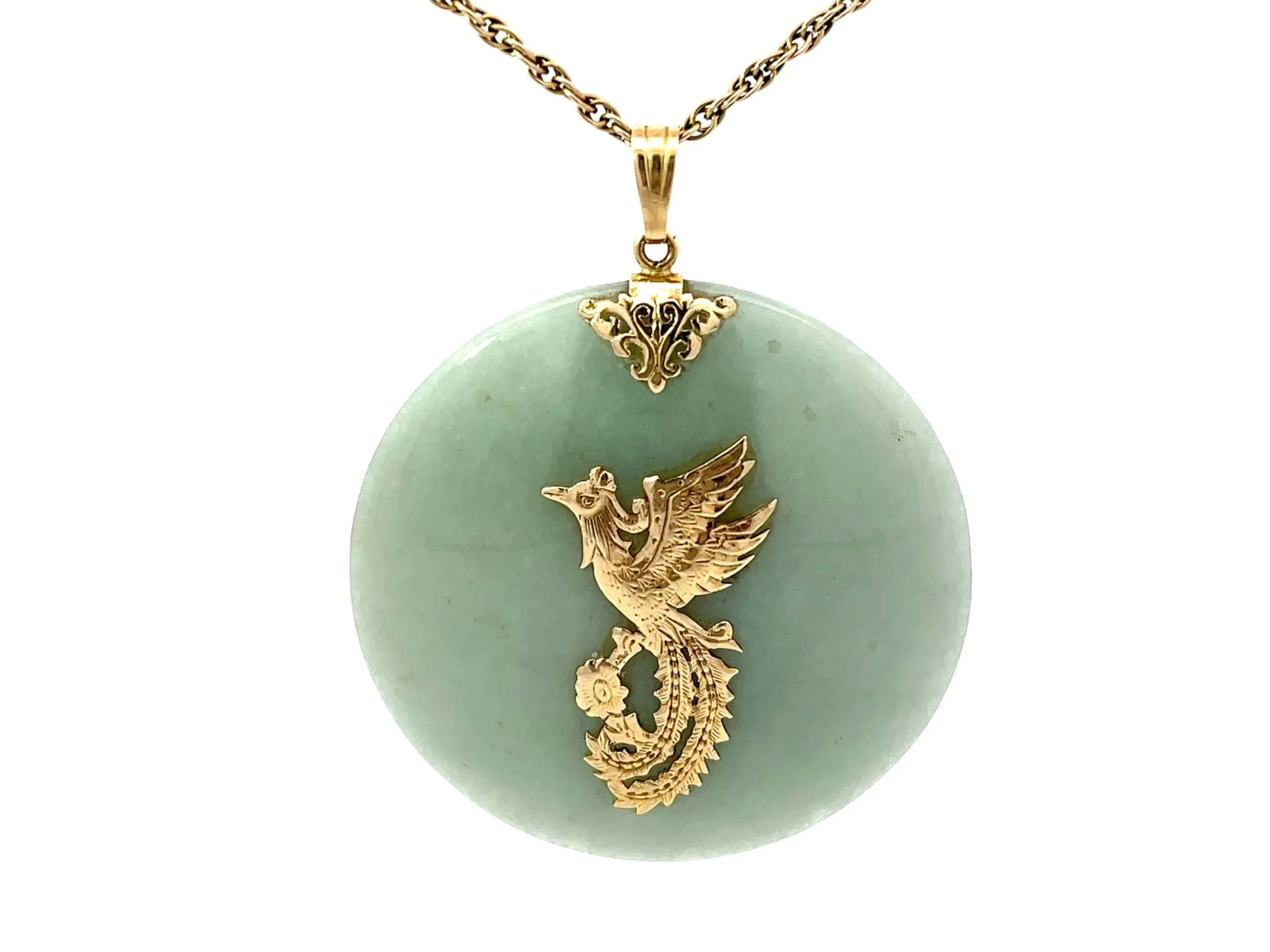 Mings Hawaii Round Jade Phoenix Pendant 14k Yellow Gold