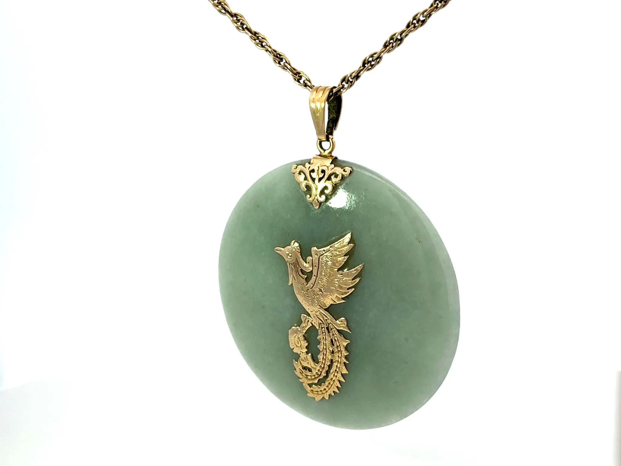 Mings Hawaii Round Jade Phoenix Pendant 14k Yellow Gold