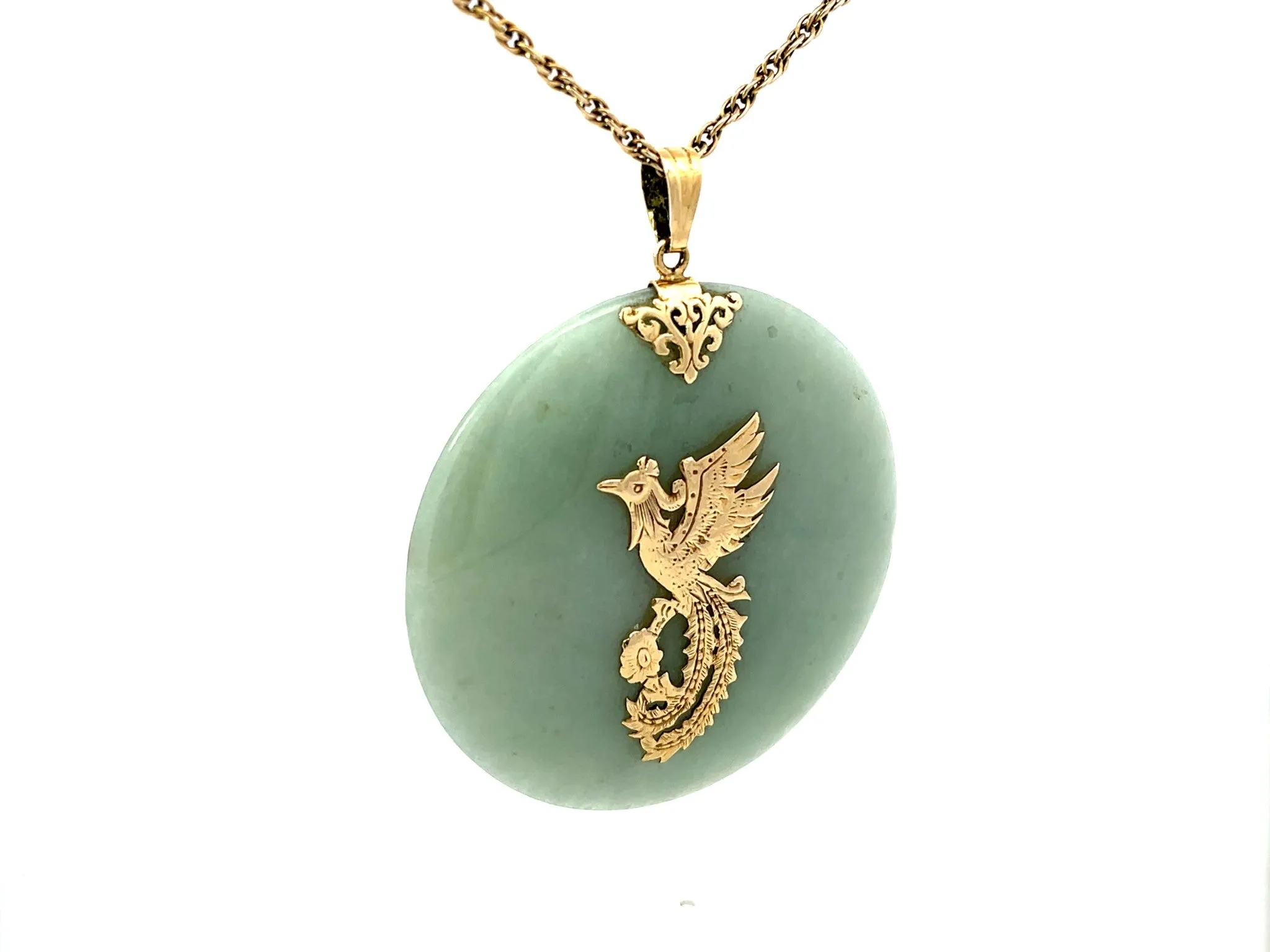 Mings Hawaii Round Jade Phoenix Pendant 14k Yellow Gold