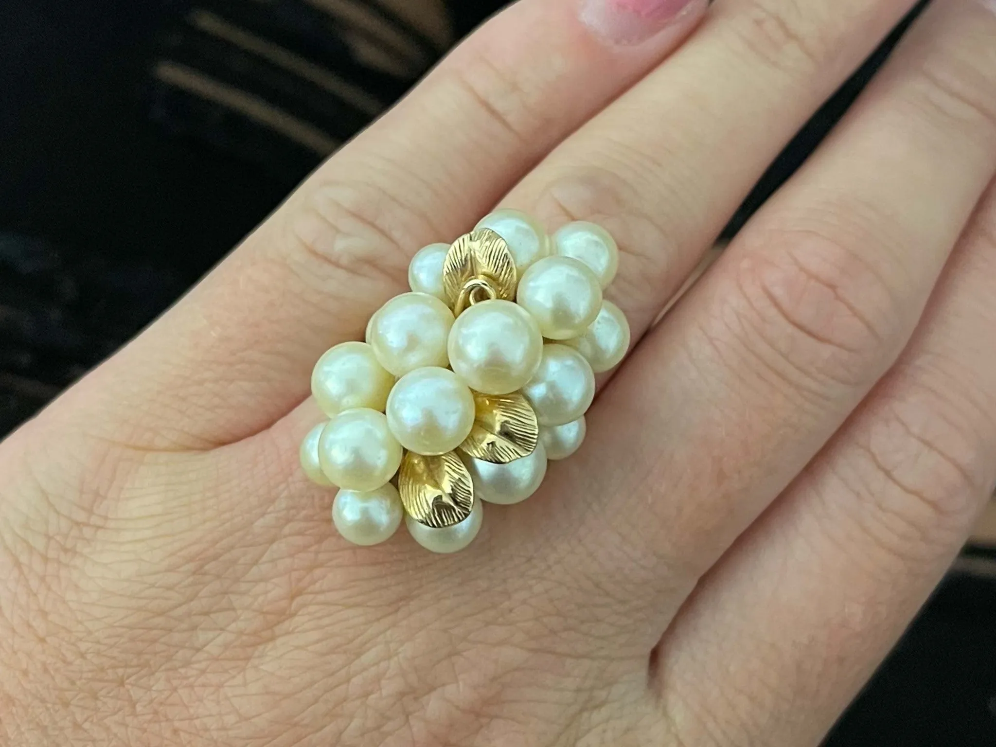 Mings Large Akoya Pearl Leaf Ring in 14k Yellow Gold