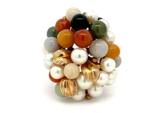 Mings Large Pearl and Jade Leaf Ring in 14k Yellow Gold