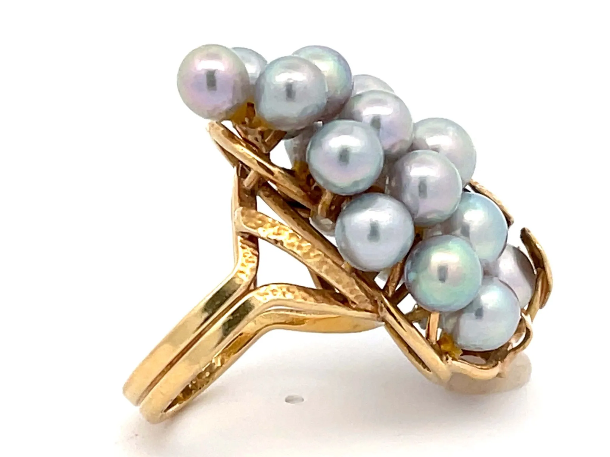 Mings Large Silver Pearl and Leaf Ring in 14k Yellow Gold