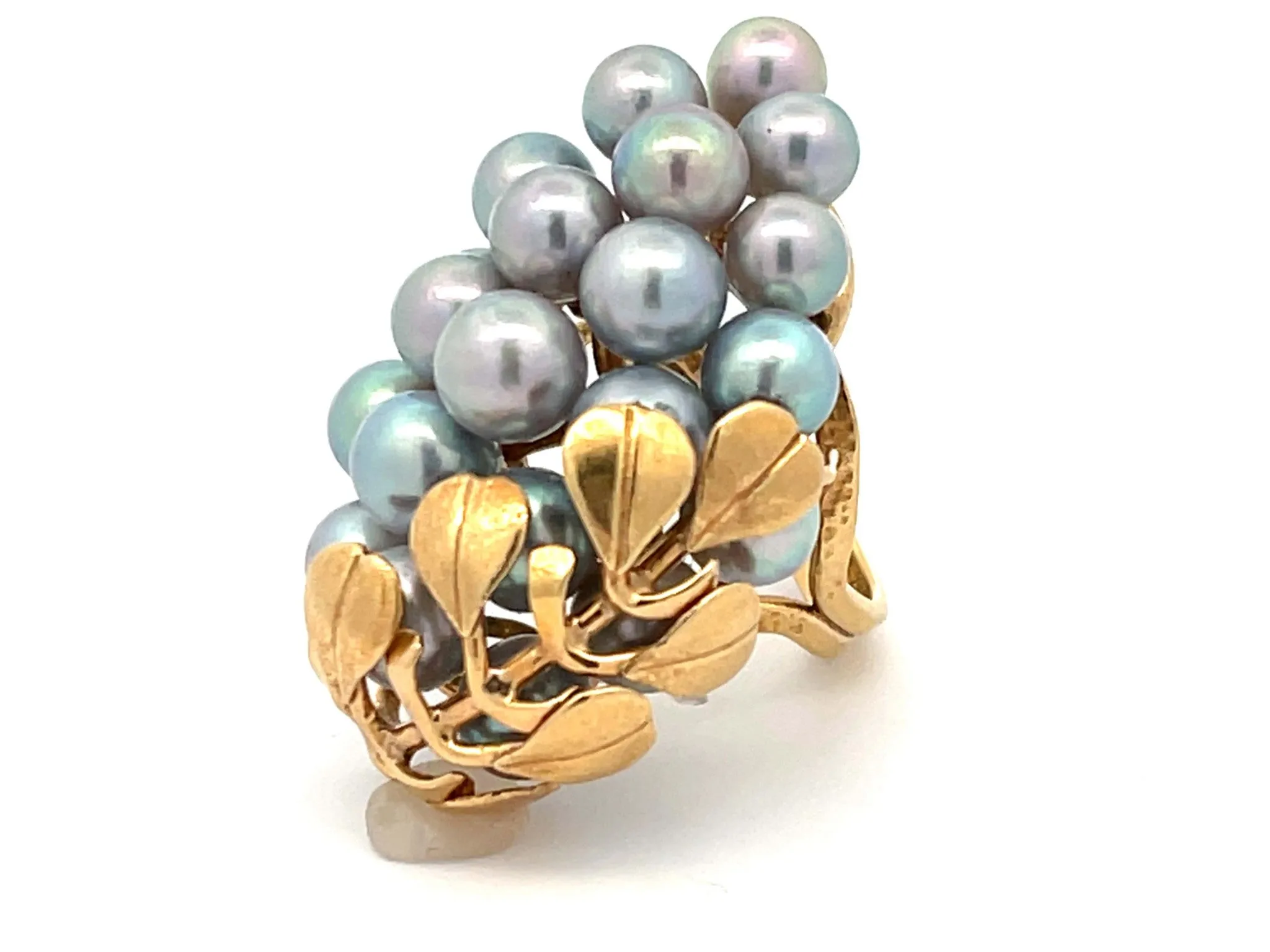 Mings Large Silver Pearl and Leaf Ring in 14k Yellow Gold
