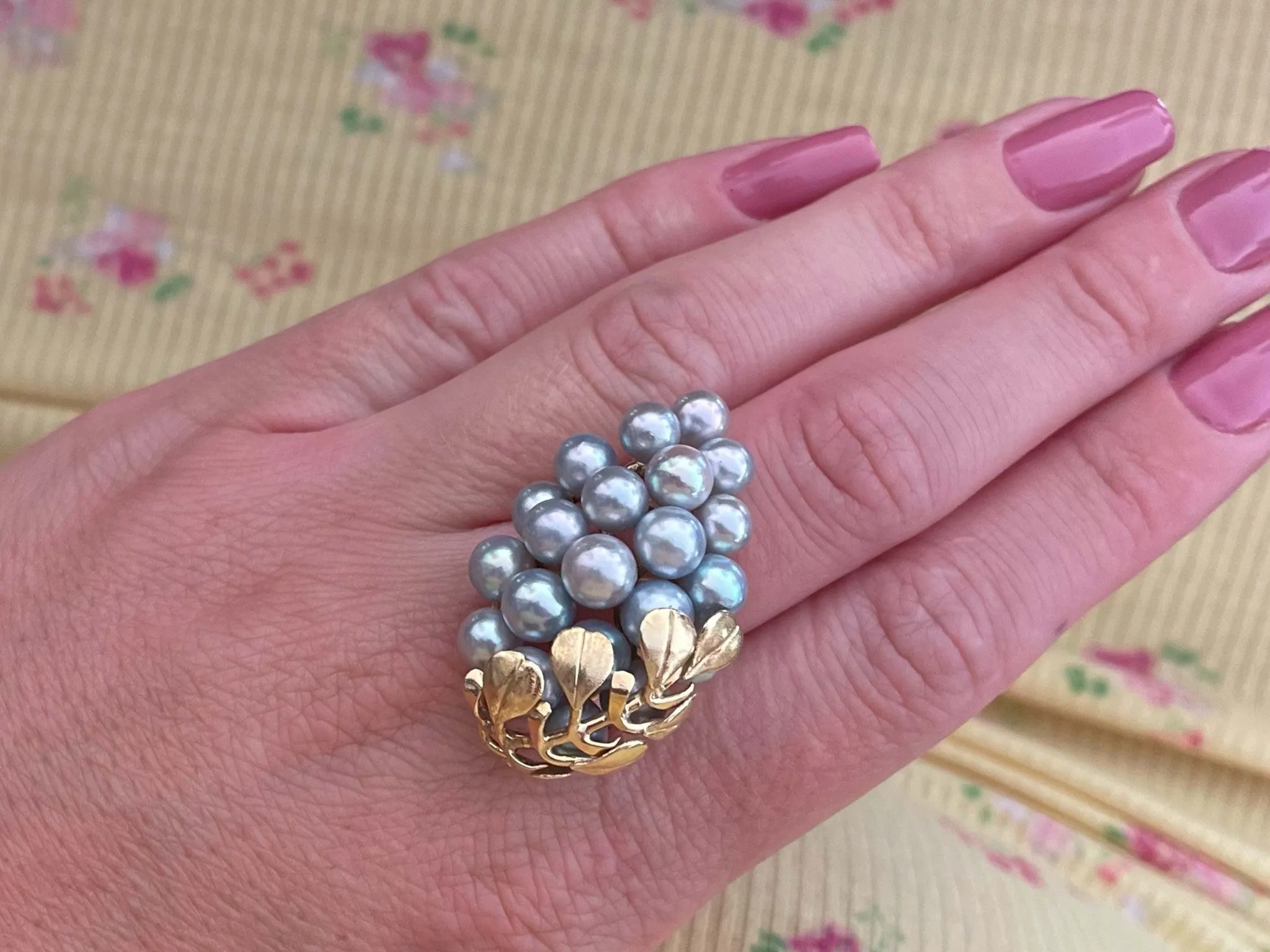 Mings Large Silver Pearl and Leaf Ring in 14k Yellow Gold