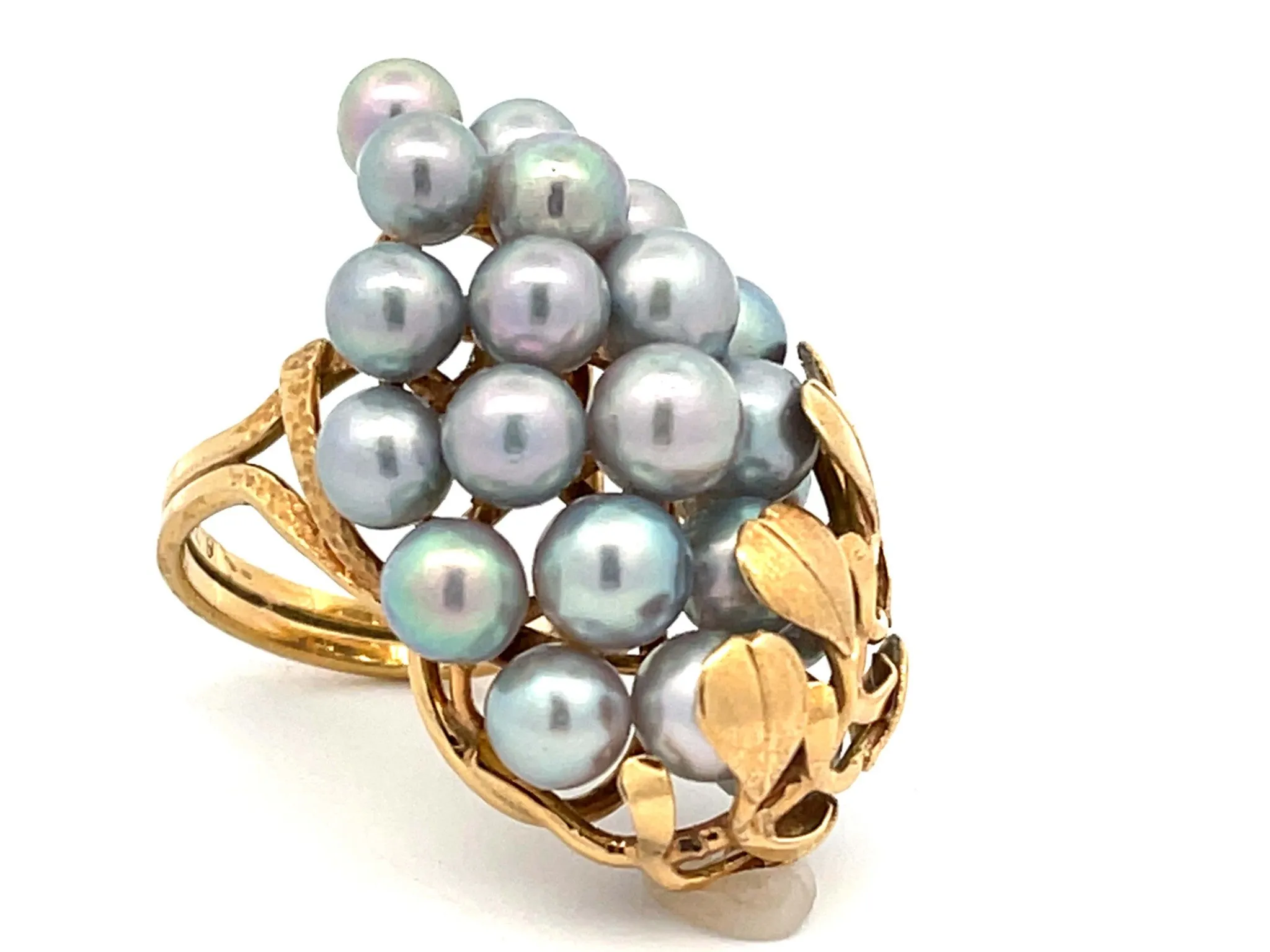 Mings Large Silver Pearl and Leaf Ring in 14k Yellow Gold