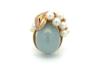 Mings Pear Shaped Jade and Pearl Ring in 14k Yellow Gold