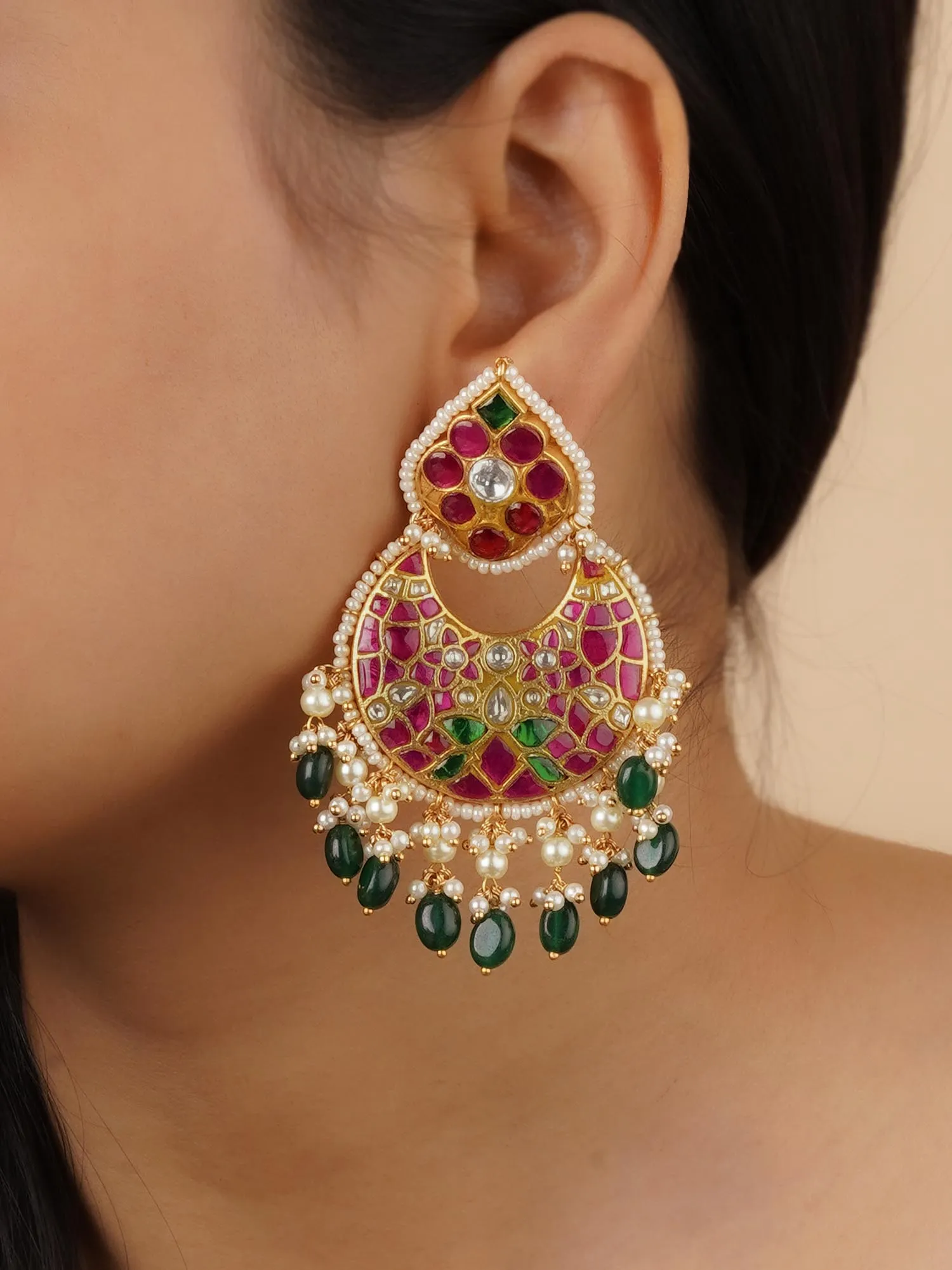 Multicolor Gold Plated Thappa Jadau Kundan Earrings - TJ-E72M