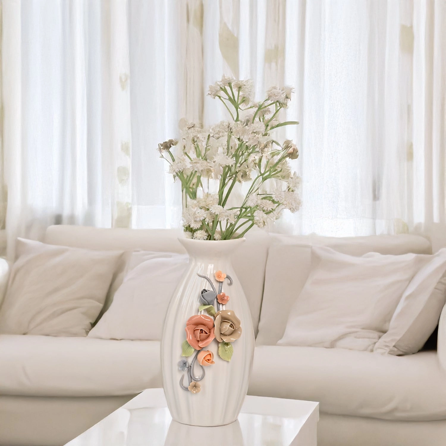 Off-White Ceramic Floral Vase dried green plant  