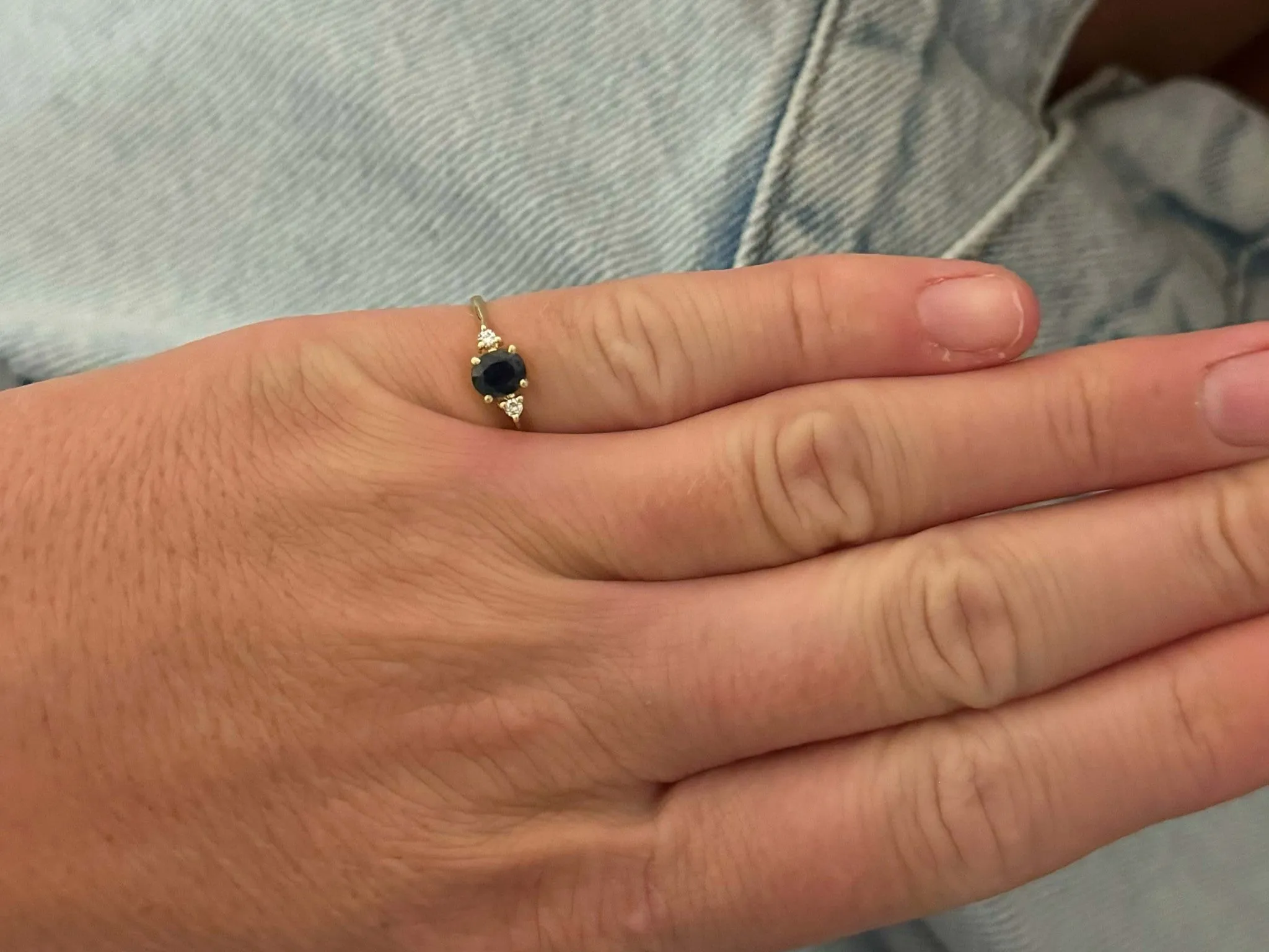 Oval Blue Sapphire 2 Diamond Ring 14k Yellow Gold
