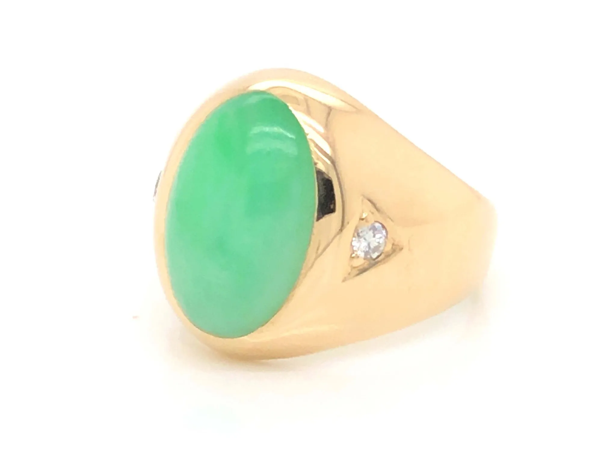 Oval Green Jade and Diamond Ring - 14k Yellow Gold