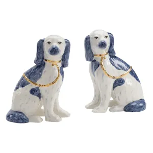 Pair of Blue & White Ceramic Staffordshire Dogs dried flowers  