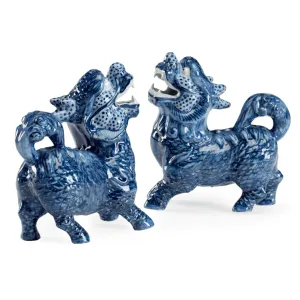 Pair of Blue Glaze Ceramic Foo Dogs dried flowers  
