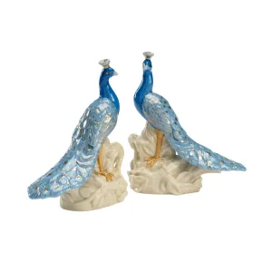 Pair of Blue Hand Painted Porcelain Peacocks dried flowers  