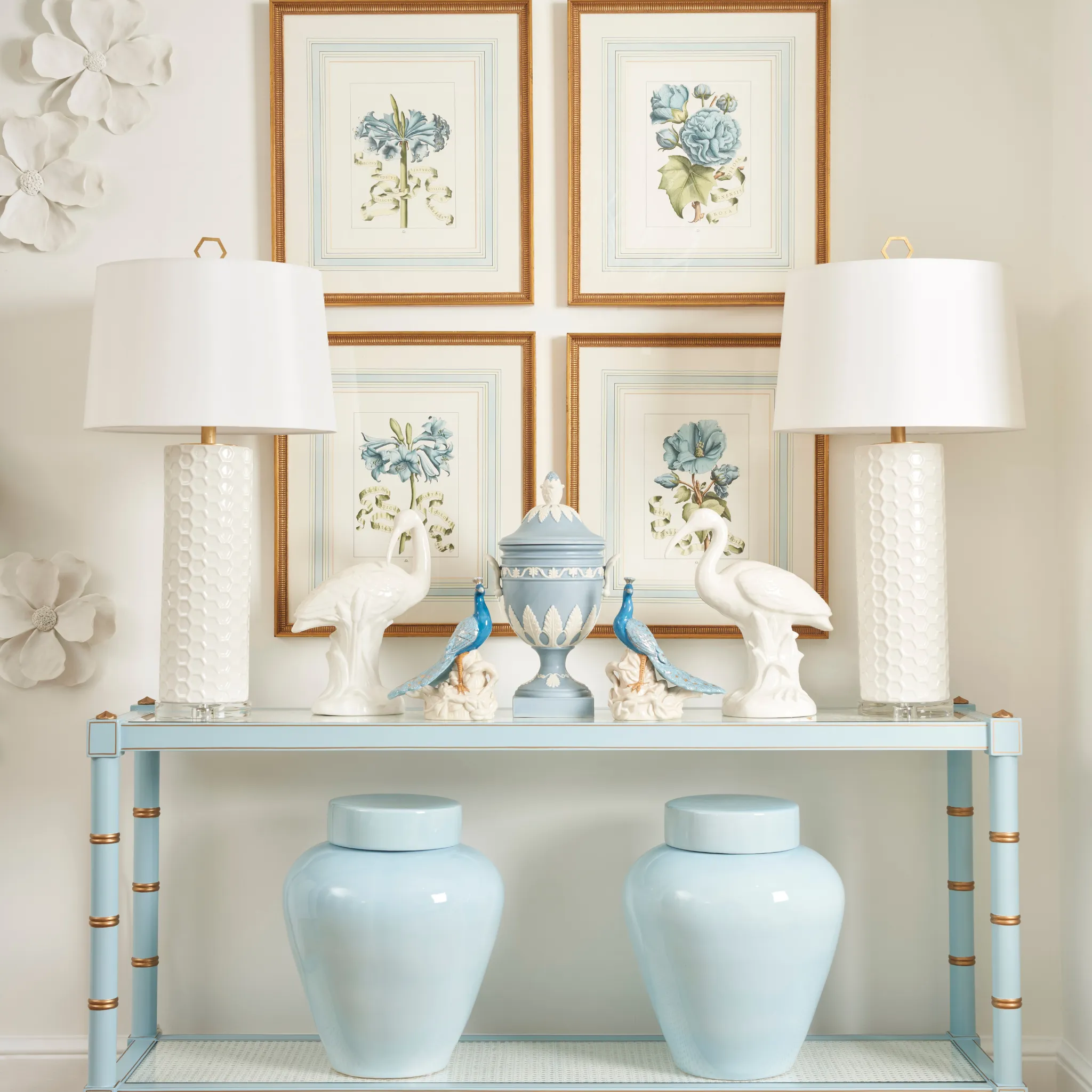 Pair of Blue Hand Painted Porcelain Peacocks