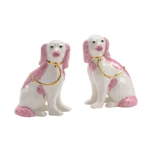 Pair of Pink & White Porcelain Decorative Dogs with Gold Collars dried flowers  