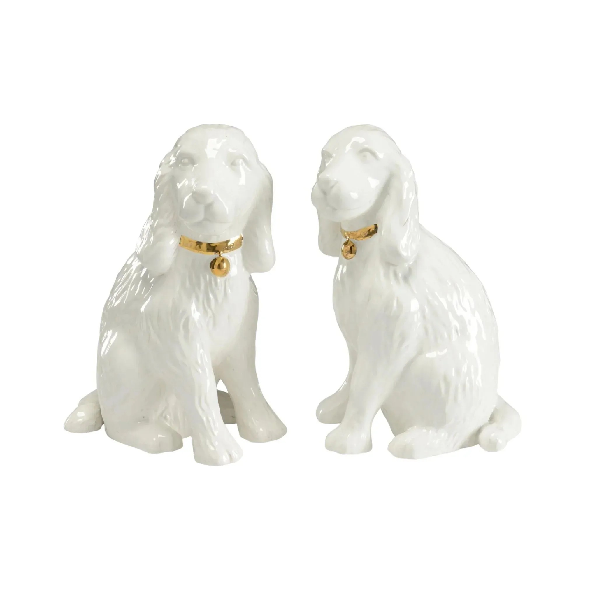 Pair of White Porcelain Decorative Dogs With Gold Collars dried flowers  