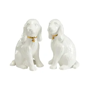 Pair of White Porcelain Decorative Dogs With Gold Collars dried flowers  