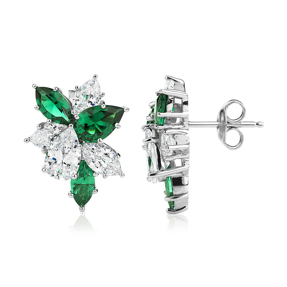 Pear and Marquise fancy earrings with emerald simulants and 3.86 carats* of diamond simulants in sterling silver