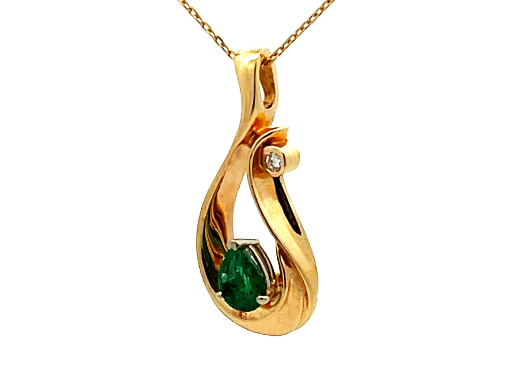 Pear Shaped Emerald and Diamond Necklace 14K Yellow Gold