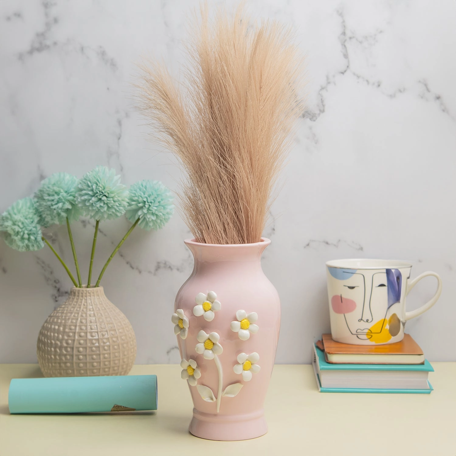 Pear Shape Pink Ceramic Vase with Lily Flowers dried green plant  