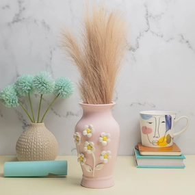 Pear Shape Pink Ceramic Vase with Lily Flowers dried green plant  