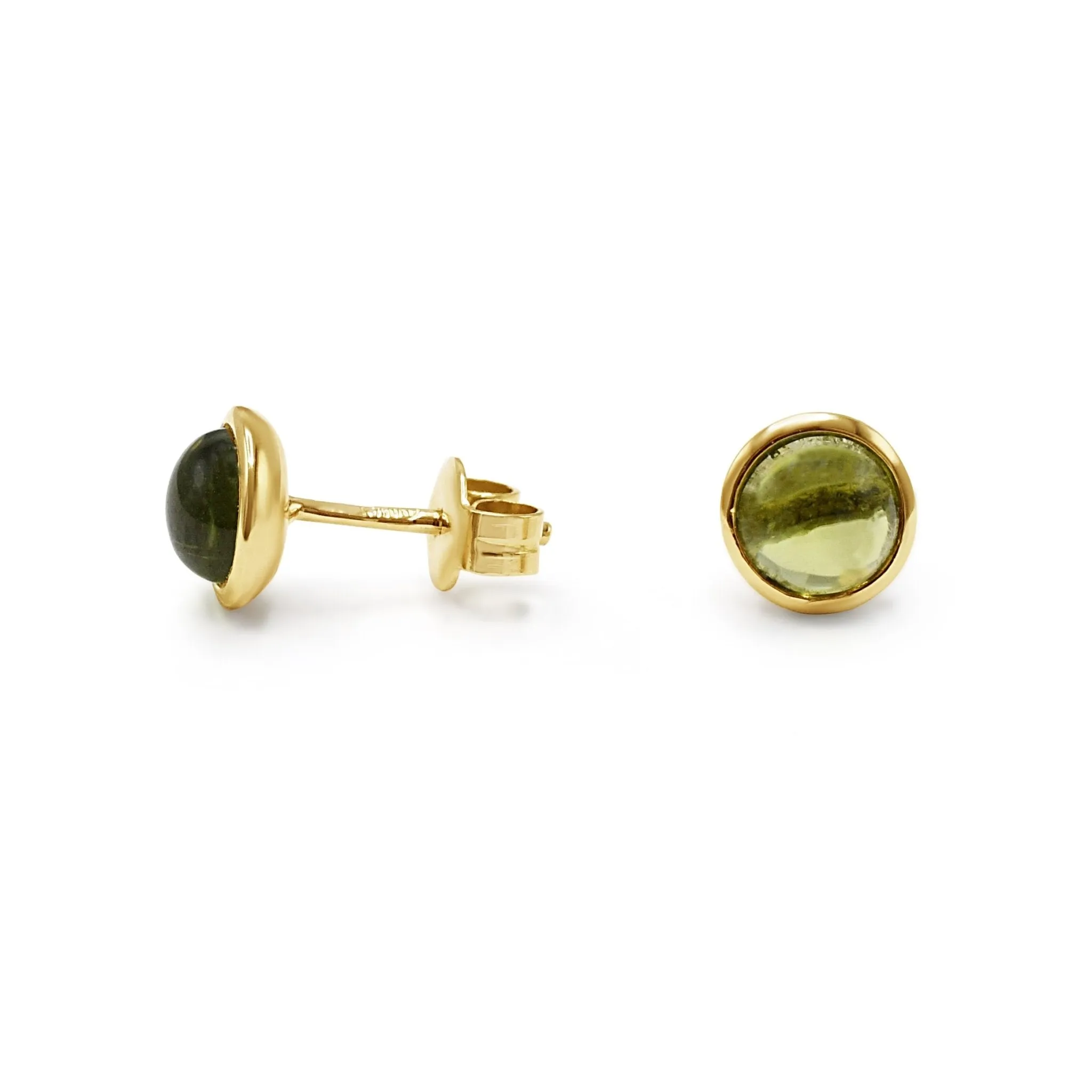 Peridot Round Cabochon Stud Earrings - 18ct Yellow Gold