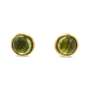 Peridot Round Cabochon Stud Earrings - 18ct Yellow Gold