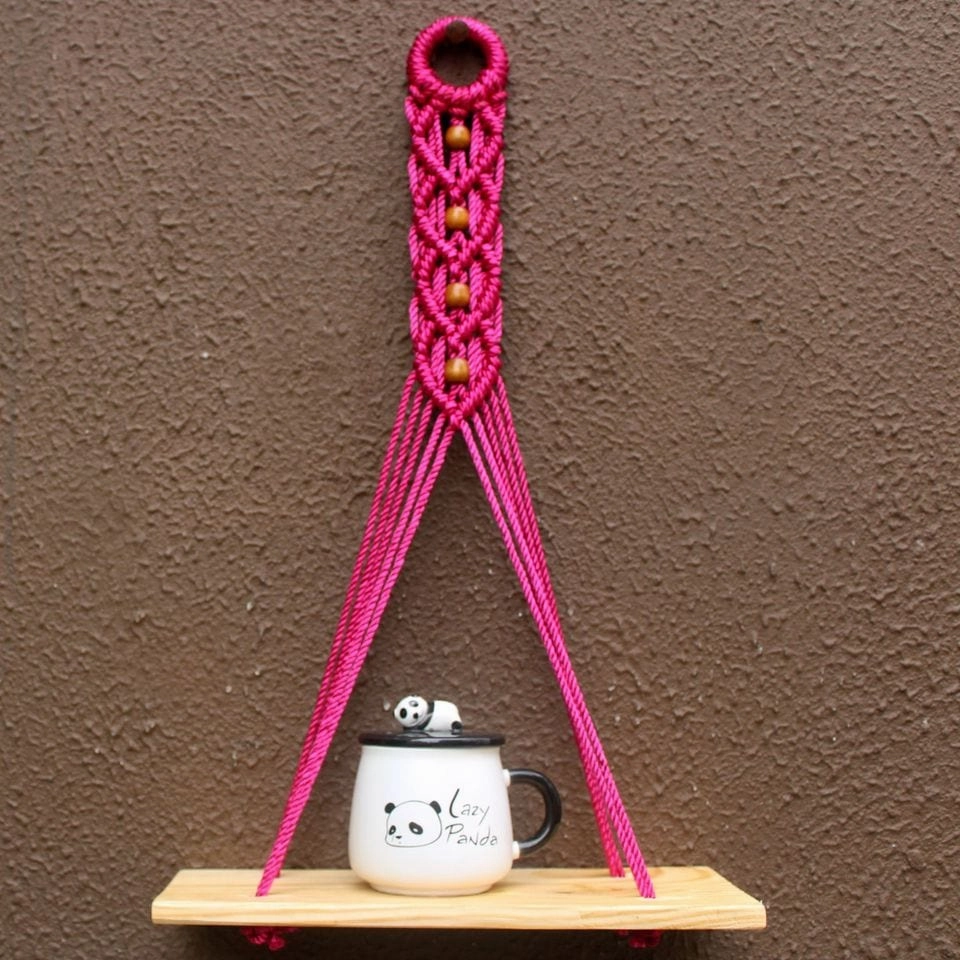Pine Heart Pink Macrame Rope with Beads Wall Hanging Shelf